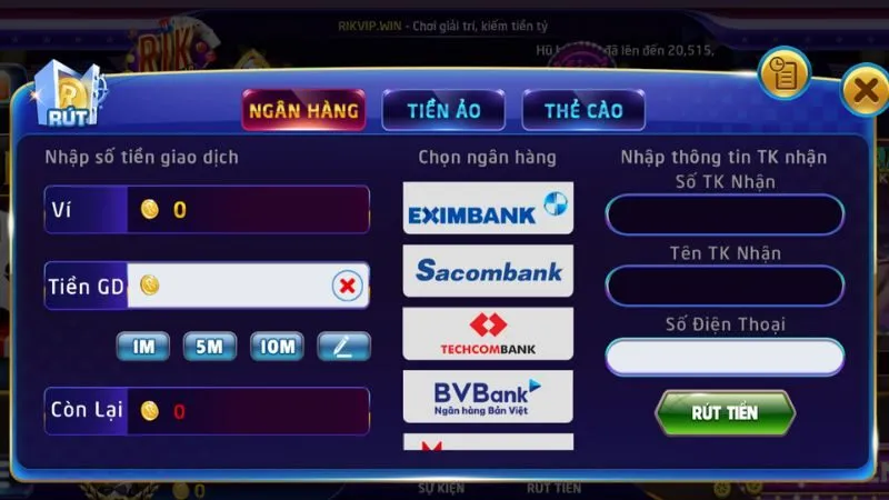 Hệ thống rút tiền Rikvip thiết kế hiện đại, chuyên nghiệp