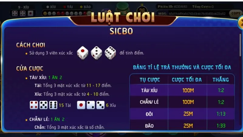Sicbo Mega Win cá cược đỉnh cao rinh thưởng hấp dẫn
